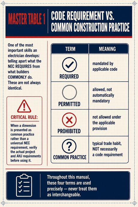 Master table — Code requirement vs. common practice