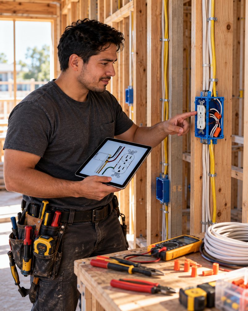 After the series: an electrician checking his work against a plate
